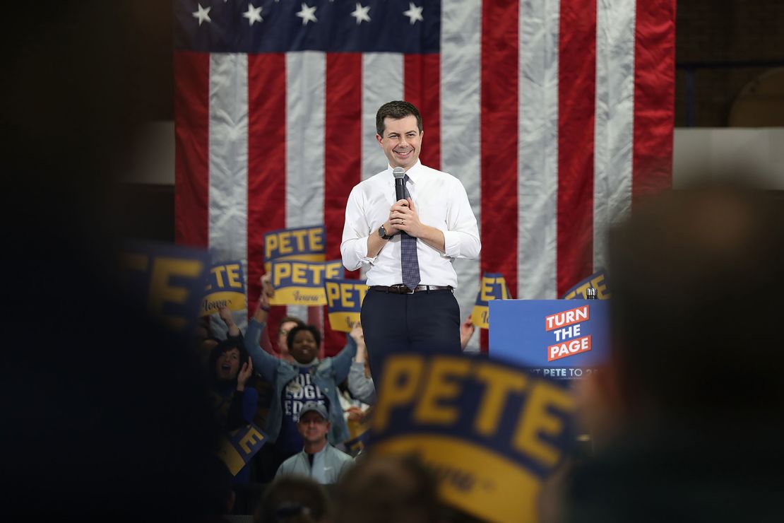 Buttigieg speaks during a campaign event held at the Loras College Fieldhouse on February 1, 2020 in Dubuque, Iowa.