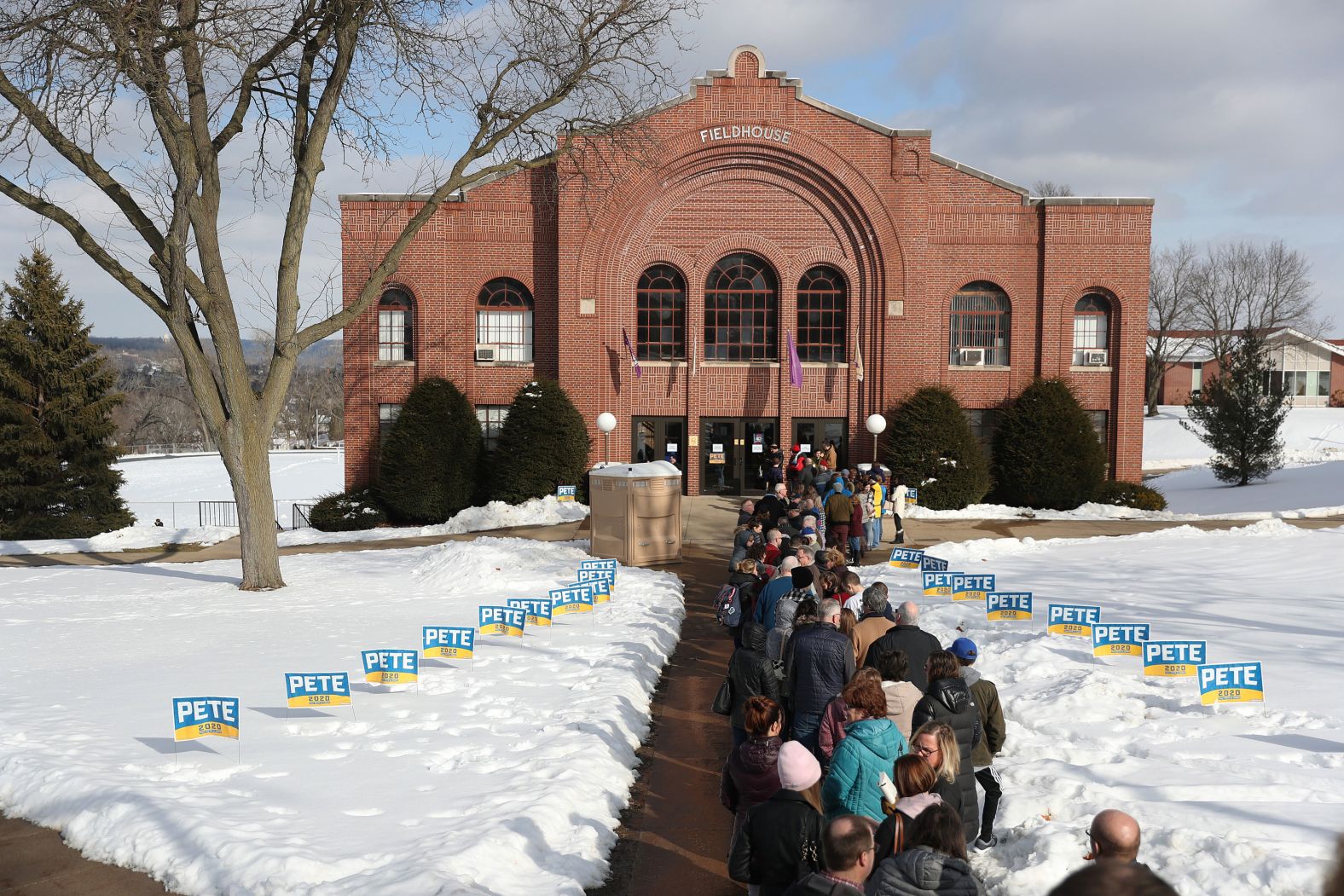 People line up to attend a Buttigieg event in Dubuque, Iowa, on February 1.