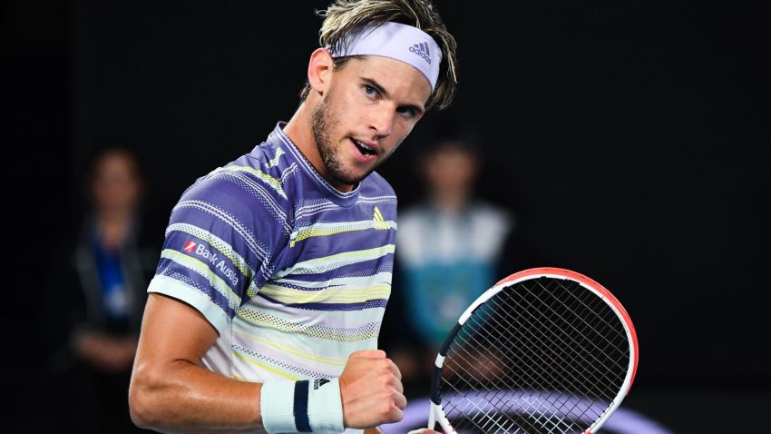 Austria's Dominic Thiem reacts after a point against Serbia's Novak Djokovic during their men's singles final match on day fourteen of the Australian Open tennis tournament in Melbourne on February 2, 2020. (Photo by William WEST / AFP) / IMAGE RESTRICTED TO EDITORIAL USE - STRICTLY NO COMMERCIAL USE (Photo by WILLIAM WEST/AFP via Getty Images)