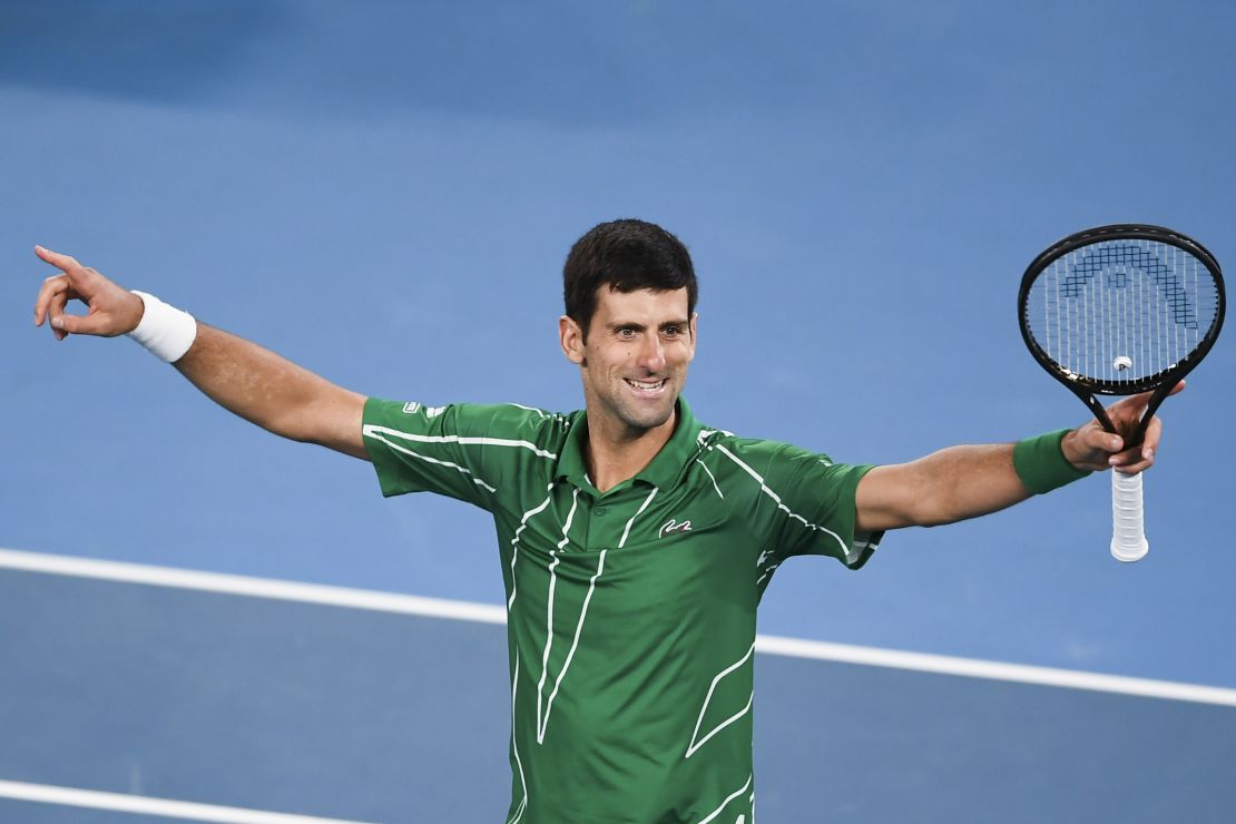 Novak Djokovic celebrates after victory against Austria's Dominic Thiem.