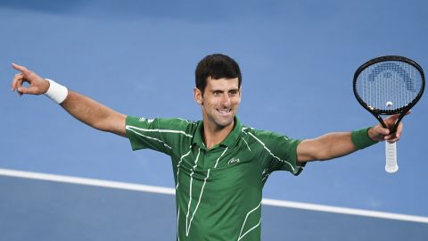 Novak Djokovic celebrates after victory against Austria's Dominic Thiem.