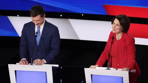 Sen. Amy Klobuchar (D-MN) and South Bend, Indiana Mayor Pete Buttigieg participate in the Democratic presidential primary debate at Drake University on January 14, 2020 in Des Moines, Iowa.