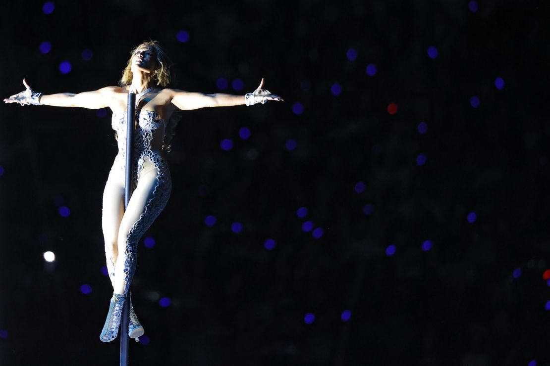 Jennifer Lopez during the halftime show. (Photo by Ronald Martinez/Getty Images)