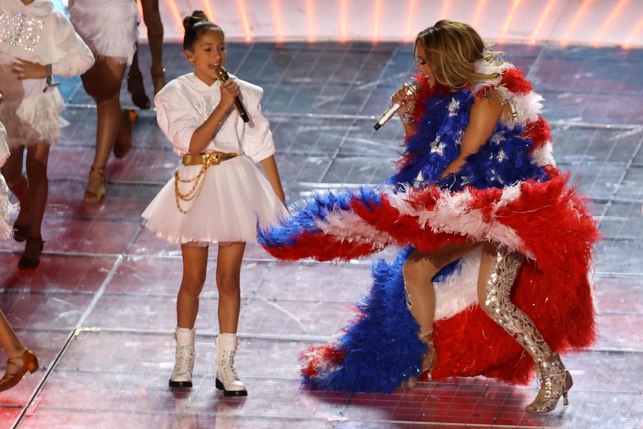 Singer Jennifer Lopez performs during the Pepsi Super Bowl LIV Halftime Show at Hard Rock Stadium on February 02, 2020 in Miami, Florida. Lopez and her daughter sing opening notes to Bruce Spingsteen's "Born in the USA."