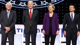 WESTERVILLE, OHIO - OCTOBER 15: Sen. Bernie Sanders (I-VT), former Vice President Joe Biden, Sen. Elizabeth Warren (D-MA), and South Bend, Indiana Mayor Pete Buttigieg are introduced before the Democratic Presidential Debate at Otterbein University on October 15, 2019 in Westerville, Ohio. A record 12 presidential hopefuls are participating in the debate hosted by CNN and The New York Times. (Photo by Chip Somodevilla/Getty Images)
