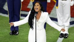 MIAMI, FLORIDA - FEBRUARY 02: Singer Demi Lovato performs the national anthem prior to Super Bowl LIV between the San Francisco 49ers and the Kansas City Chiefs at Hard Rock Stadium on February 02, 2020 in Miami, Florida. (Photo by Elsa/Getty Images)