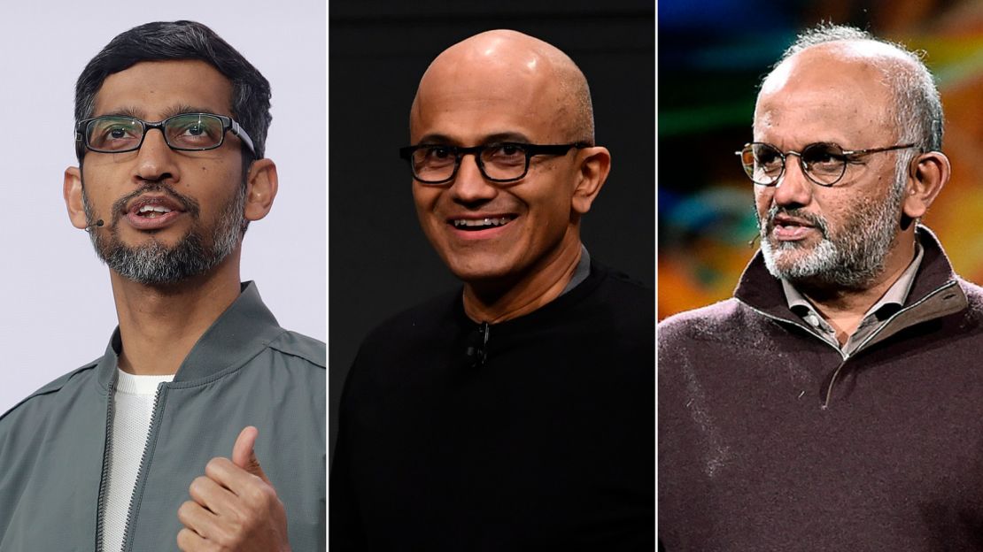 From left, Sundar Pichai, Satya Narayana Nadella and Shantanu Narayen