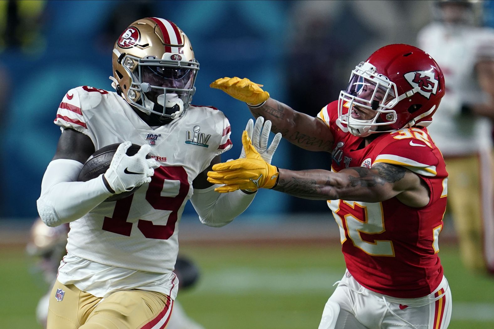 Kansas City safety Tyrann Mathieu tries to tackle Samuel.