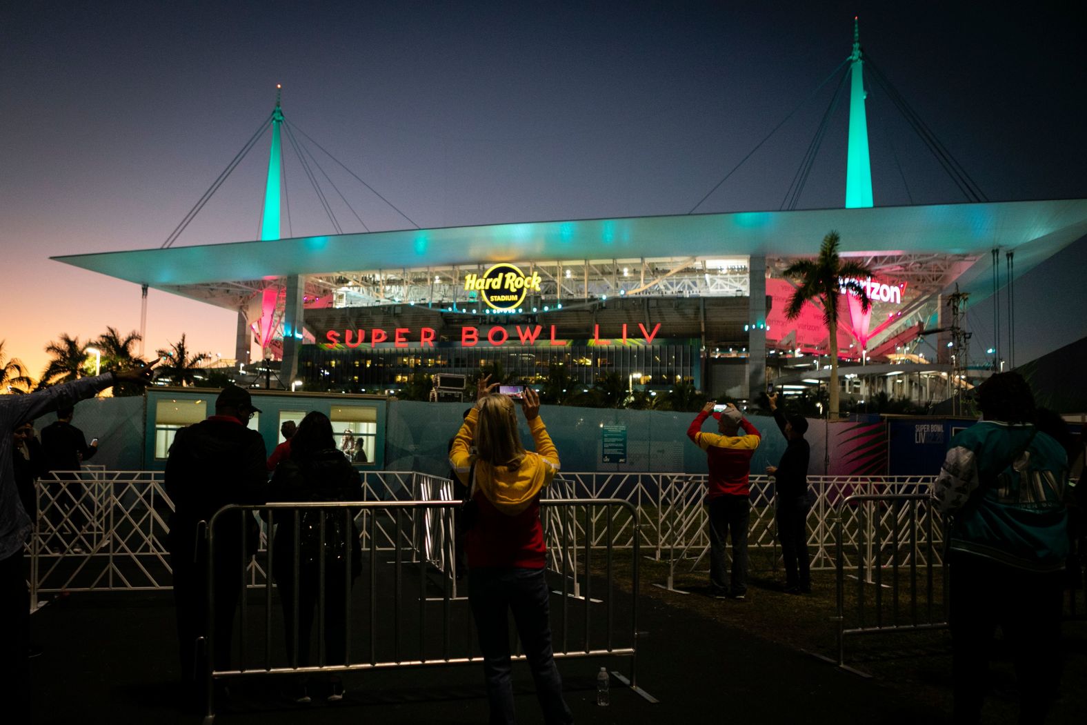 Fans are seen outside Hard Rock Stadium.