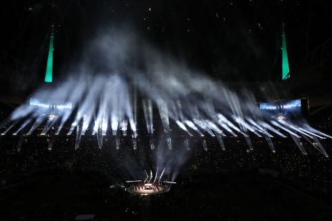 A wide view of the stage as Shakira performs.
