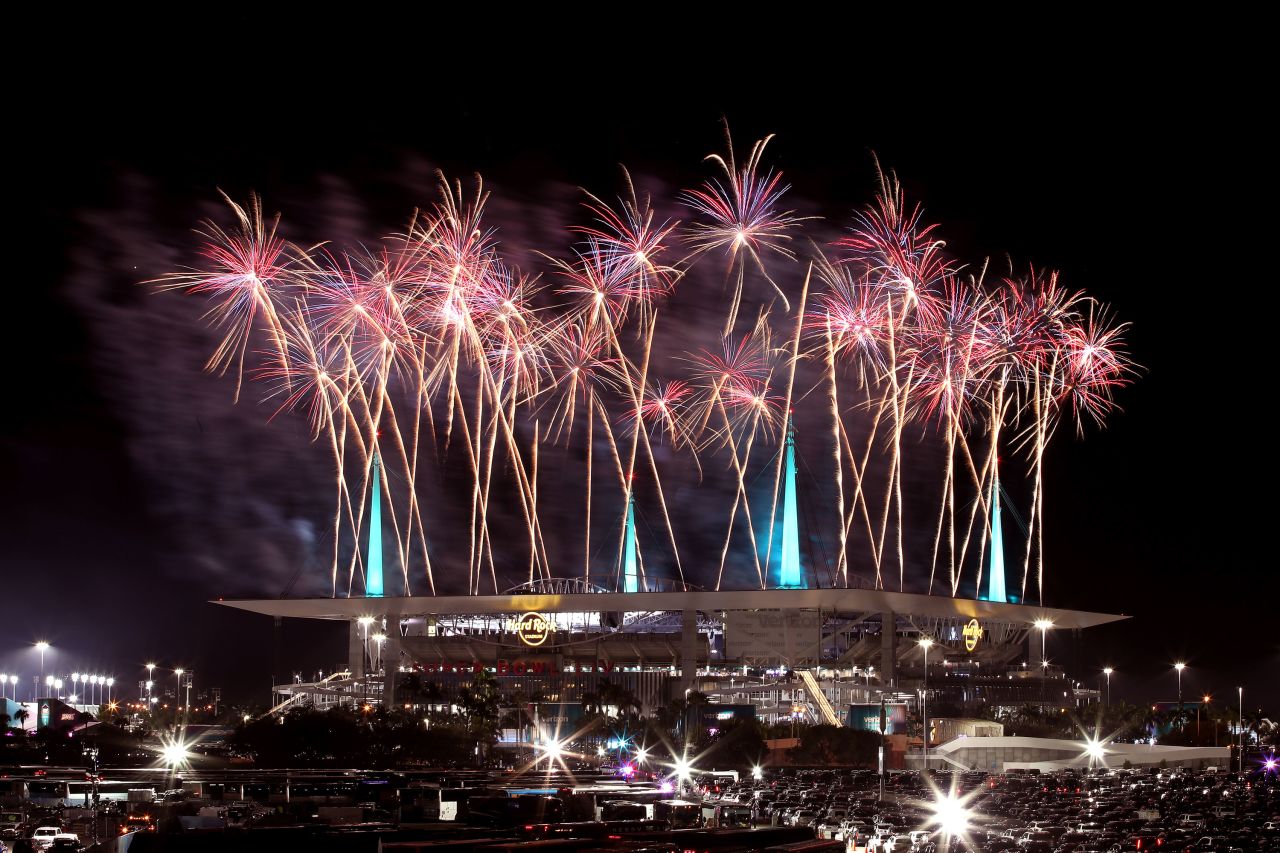Fireworks erupt over Hard Rock Stadium.
