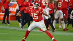MIAMI, FLORIDA - FEBRUARY 02: Patrick Mahomes #15 of the Kansas City Chiefs celebrates after throwing a touchdown pass against the San Francisco 49ers during the fourth quarter in Super Bowl LIV at Hard Rock Stadium on February 02, 2020 in Miami, Florida. (Photo by Ronald Martinez/Getty Images)