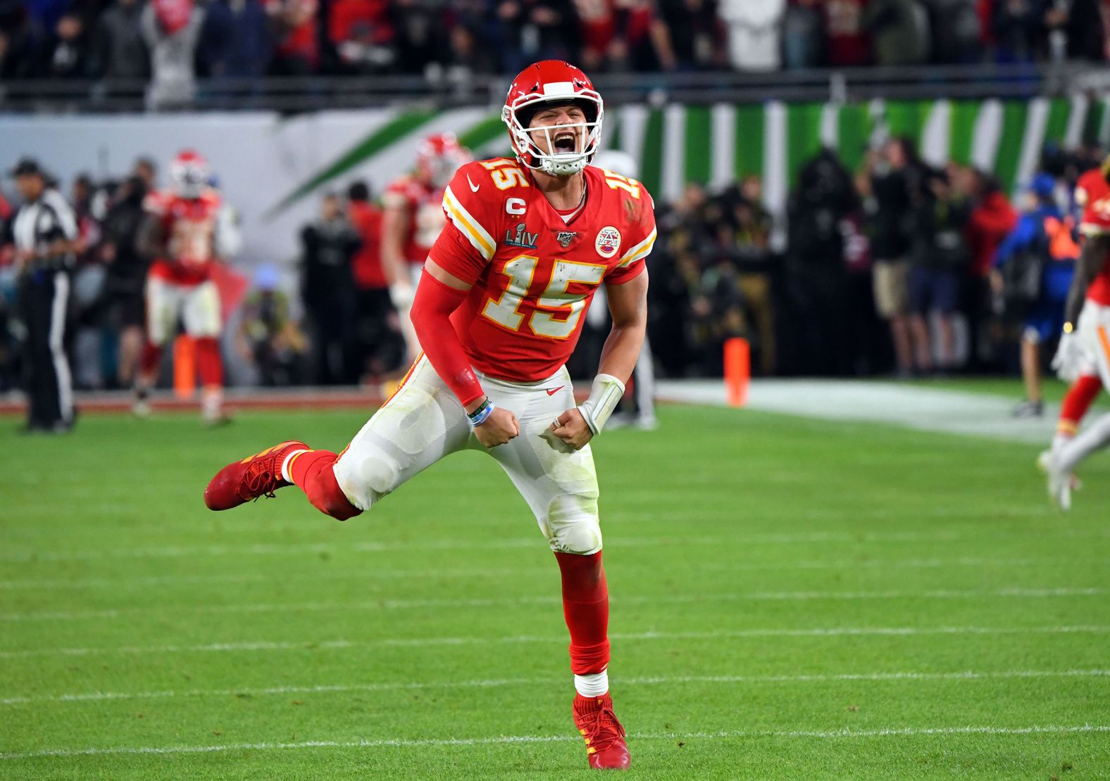 Mahomes celebrates a late touchdown.