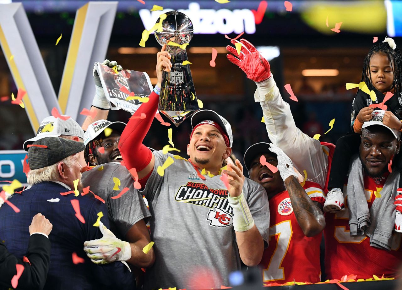 Kansas City quarterback Patrick Mahomes lifts the Vince Lombardi Trophy after the Chiefs defeated the San Francisco 49ers 31-20 in Super Bowl LIV on Sunday, February 2.