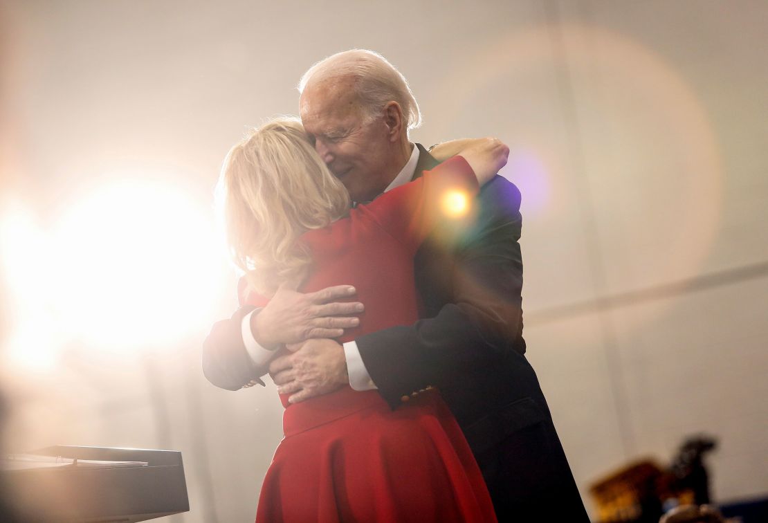 Jill Biden hugs her husband, Democratic presidential candidate and former Vice President Joe Biden, on February 2, 2020.