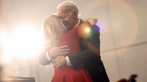 Jill Biden hugs her husband, Democratic presidential candidate and former Vice President Joe Biden, on February 2, 2020.