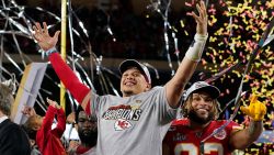 Kansas City Chiefs' Patrick Mahomes, left, and Tyrann Mathieu celebrate after defeating the San Francisco 49ers in the NFL Super Bowl 54 football game Sunday, Feb. 2, 2020, in Miami Gardens, Fla.