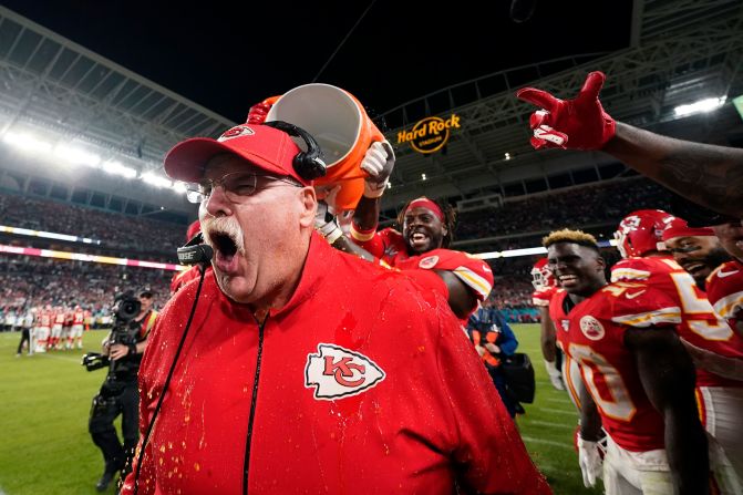 Kansas City Chiefs head coach Andy Reid reacts after being doused with celebratory Gatorade on Sunday, February 2. The Chiefs defeated the San Francisco 49ers 31-20 in<a target="_blank"> Super Bowl LIV</a>. It is the Chiefs' first title in 50 years, and it is Reid's first as a head coach.