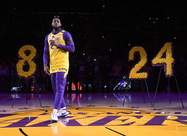 LeBron James speaks to the crowd in Los Angeles during a <a href="index.php?page=&url=https%3A%2F%2Fwww.cnn.com%2F2020%2F01%2F31%2Fus%2Fkobe-bryant-tribute-lakers-game-trnd%2Findex.html" target="_blank">pregame ceremony honoring NBA legend Kobe Bryant</a> on Friday, January 31. Bryant, 41, was killed in a helicopter crash last week.