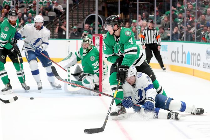 Tampa Bay's Tyler Johnson, bottom, collides with Dallas' Miro Heiskanen during an NHL game in Dallas on Monday, February 27.