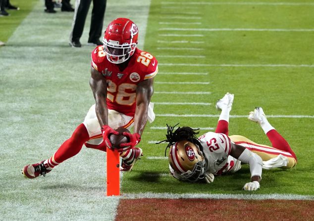 Kansas City running back Damien Williams crosses the goal line to score the go-ahead touchdown in <a href="index.php?page=&url=https%3A%2F%2Fwww.cnn.com%2F2020%2F02%2F02%2Fsport%2Fgallery%2Fsuper-bowl-2020-photos%2Findex.html" target="_blank">Super Bowl LIV</a> on Sunday, February 2. The Chiefs trailed 20-10 in the fourth quarter before scoring 21 straight points.