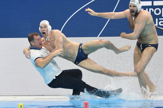 Hungary players celebrate after winning the European Water Polo Championship on Sunday, January 26.