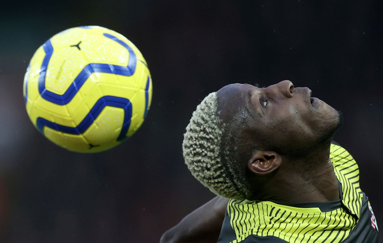 Southampton's Moussa Djenepo heads the ball during a Premier League match at Liverpool on Sunday, February 1.