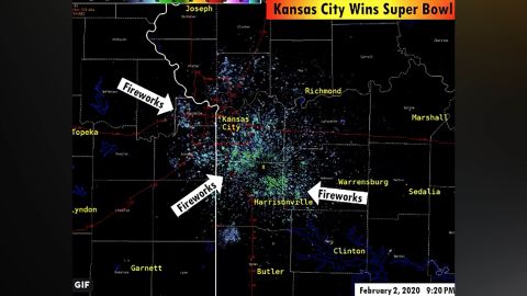 The National Weather Service's Kansas City office said the Chiefs victory fireworks could be seen on their radar.
