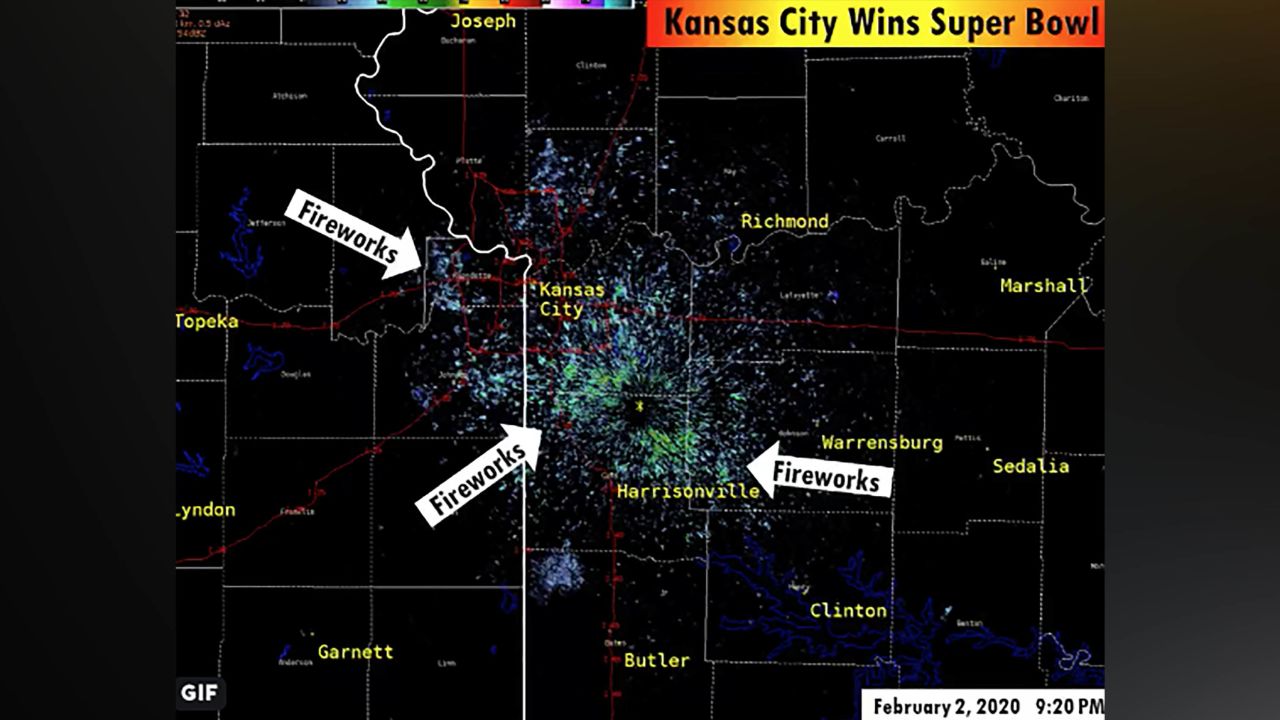 The National Weather Service's Kansas City office said the Chiefs victory fireworks could be seen on their radar.