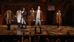 Actor Leslie Odom, Jr. (L)  and actor, composer Lin-Manuel Miranda (R) perform on stage during "Hamilton" GRAMMY performance for The 58th GRAMMY Awards at Richard Rodgers Theater on February 15, 2016 in New York City.  (Photo by Theo Wargo/Getty Images)