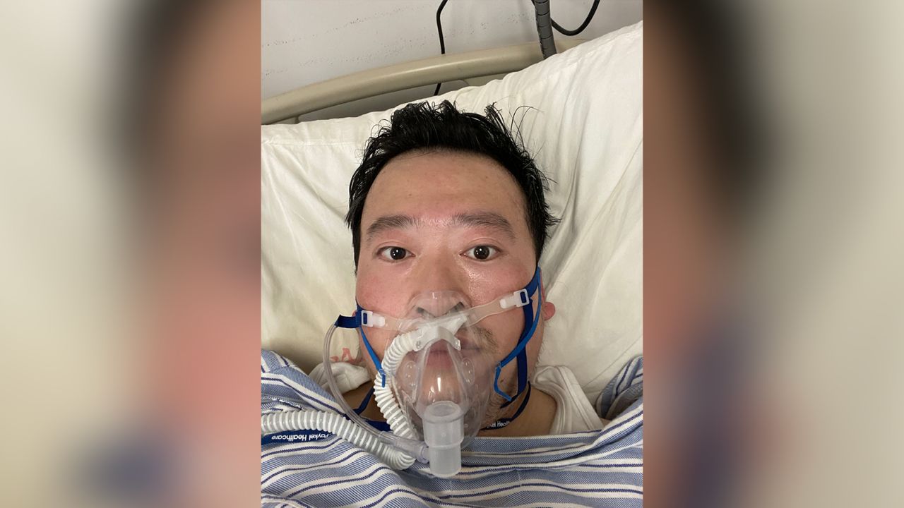 Wuhan doctor Li Wenliang in an intensive care bed on oxygen support after contracting the coronavirus. 