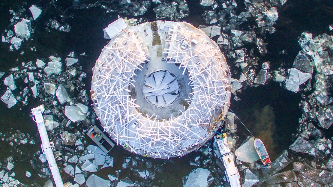 The centerpiece of Arctic Bath is this circular floating structure.