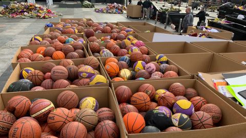 Some of the 1,353 basketballs left outside the Staples Center in Los Angeles as a tribute to Kobe Bryant.