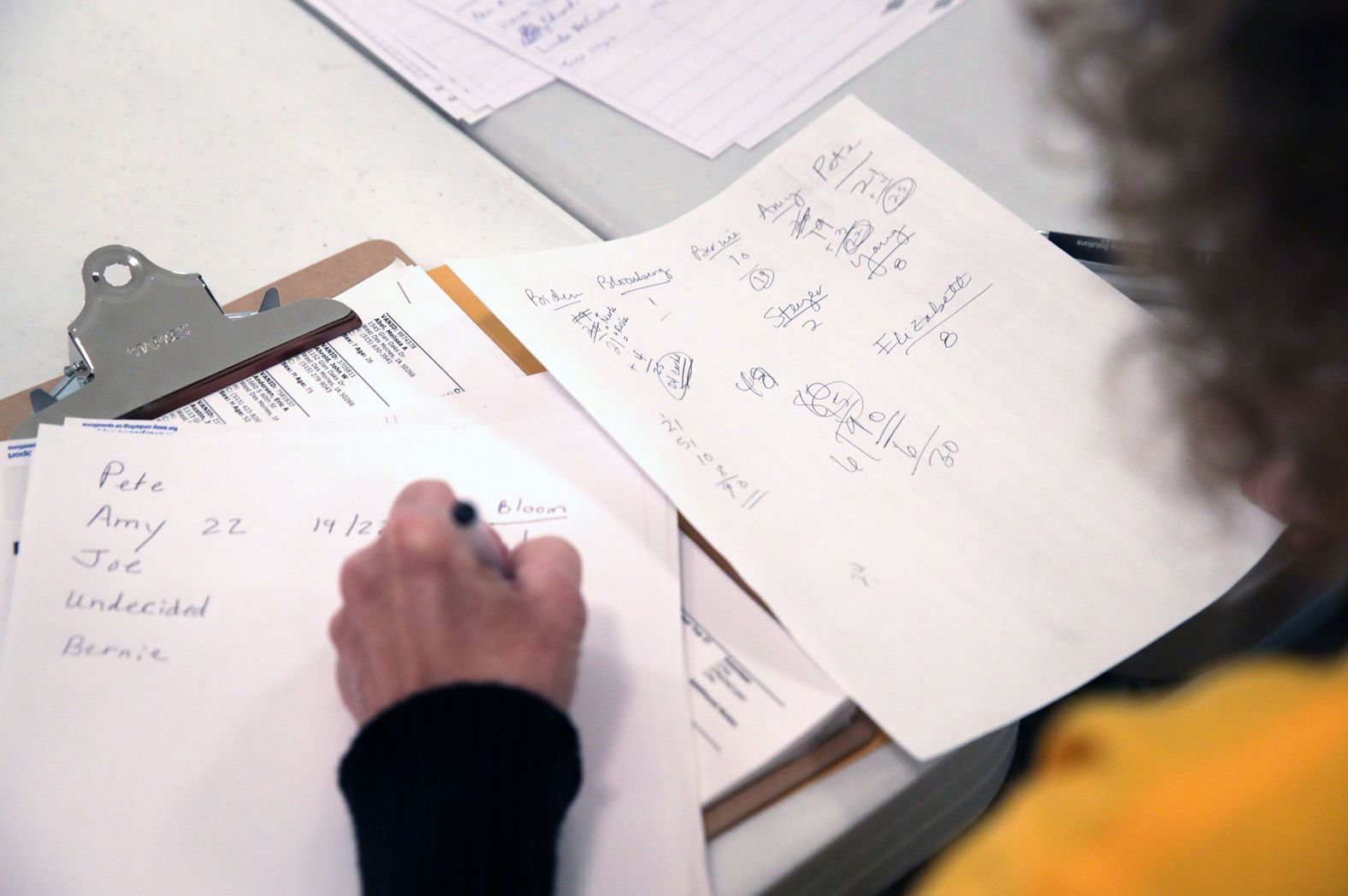 Numbers are tallied up at a caucus location in West Des Moines, Iowa.