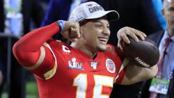 MIAMI, FLORIDA - FEBRUARY 02: Patrick Mahomes #15 of the Kansas City Chiefs celebrates after defeating the San Francisco 49ers 31-20 in Super Bowl LIV at Hard Rock Stadium on February 02, 2020 in Miami, Florida. (Photo by Andy Lyons/Getty Images)