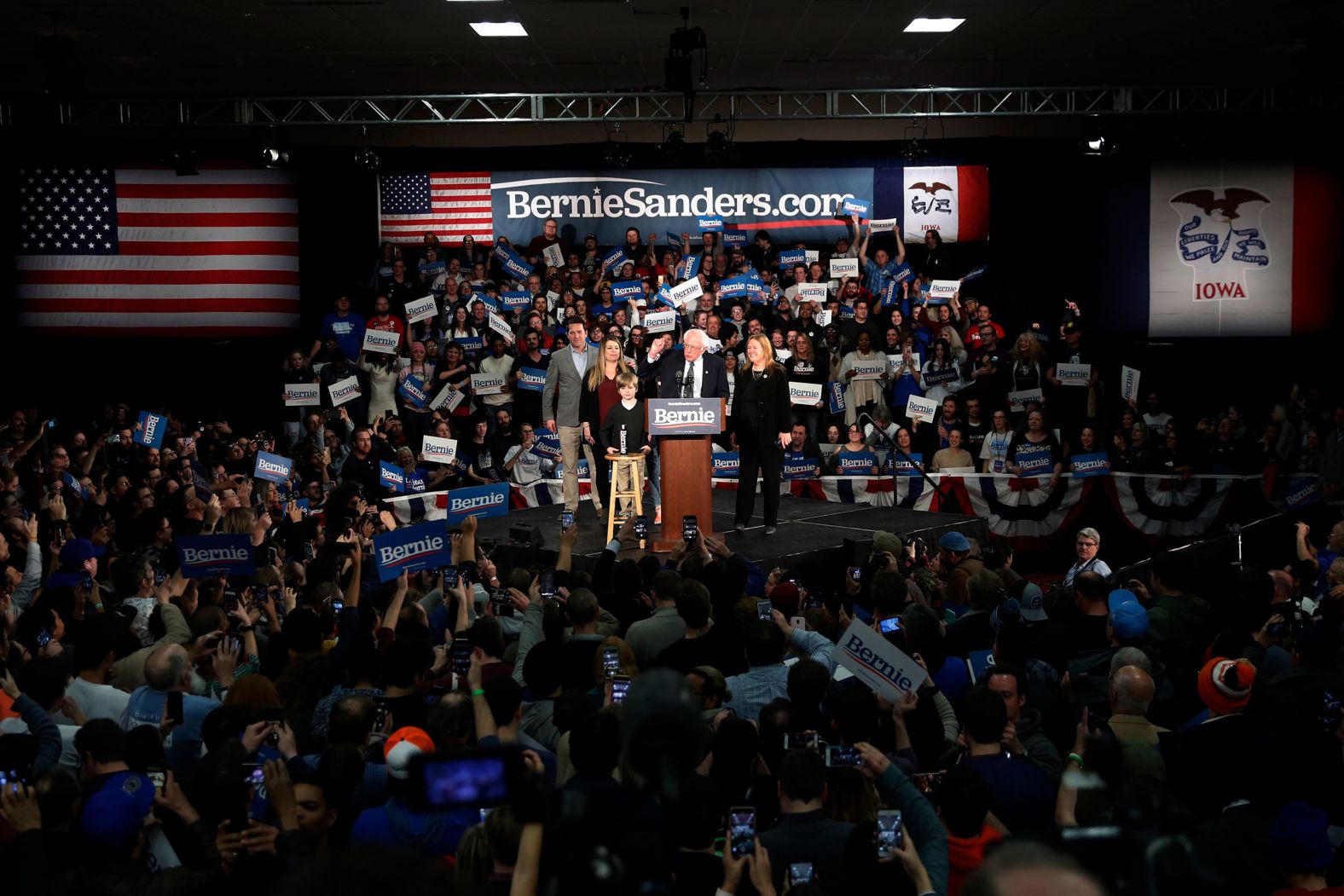 US Sen. Bernie Sanders speaks to supporters at a caucus-night campaign rally in Des Moines.
