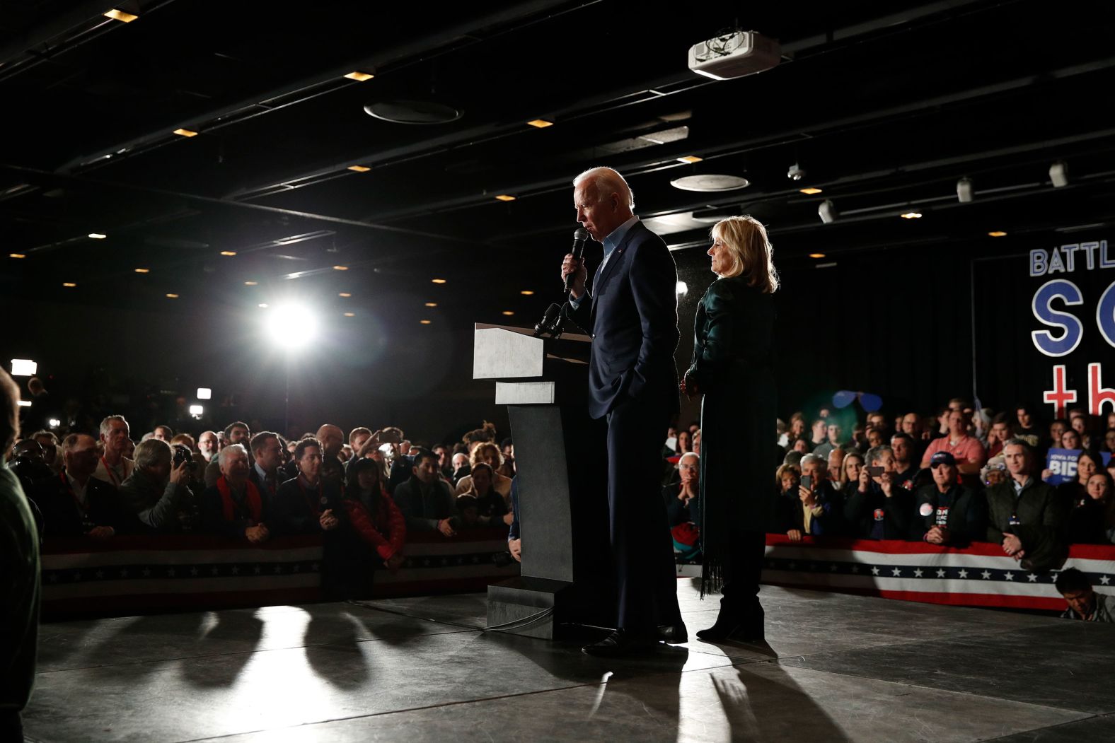 Biden and his wife, Jill, take the stage at his watch party in Des Moines.
