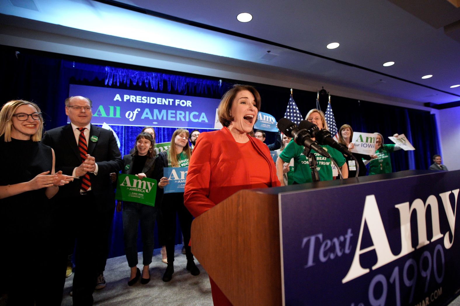 US Sen. Amy Klobuchar addresses supporters at her watch party in Des Moines.
