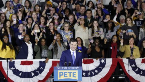 Buttigieg takes the stage to address supporters during his caucus night watch party on February 03, 2020 in Des Moines, Iowa.  