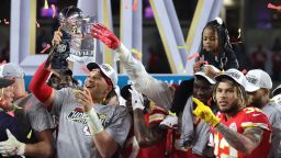 MIAMI, FLORIDA - FEBRUARY 02: Patrick Mahomes #15 of the Kansas City Chiefs raises the Vince Lombardi Trophy after defeating the San Francisco 49ers 31-20 in Super Bowl LIV at Hard Rock Stadium on February 02, 2020 in Miami, Florida. (Photo by Jamie Squire/Getty Images)