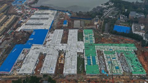 An aerial shot of Huoshenshan Hospital during construction.
