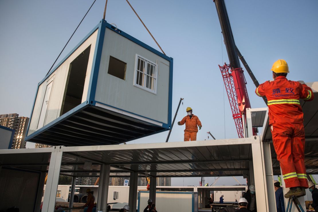 A prefabricated unit lifted into place during the construction of Huoshenshan Hospital.