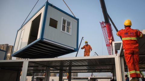 A prefabricated unit lifted into place during the construction of Huoshenshan Hospital.