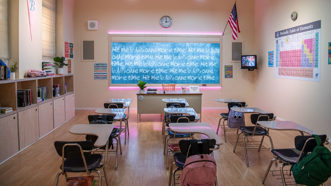 <strong>"... Baby One More Time:"</strong> The journey through The Zone begins with a classroom inspired by Britney Spears' breakout 1998 pop hit.