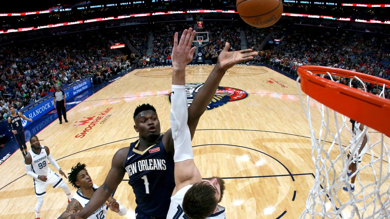 Zion Williamson #1 of the New Orleans Pelicans shoots over Jonas Valanciunas #17 of the Memphis Grizzlies during a NBA game at Smoothie King Center on January 31, 2020 in New Orleans, Louisiana.