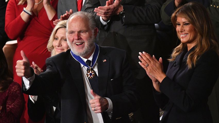 Radio personality Rush Limbaugh pumps thumb after being awarded the Medal of Freedom by First Lady Melania Trump after being acknowledged by US President Donald Trump as he delivers the State of the Union address at the US Capitol in Washington, DC, on February 4, 2020. (Photo by MANDEL NGAN / AFP) (Photo by MANDEL NGAN/AFP via Getty Images)