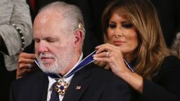 WASHINGTON, DC - FEBRUARY 04: Radio personality Rush Limbaugh reacts as First Lady Melania Trump gives him the Presidential Medal of Freedom during the State of the Union address in the chamber of the U.S. House of Representatives on February 04, 2020 in Washington, DC.  President Trump delivers his third State of the Union to the nation the night before the U.S. Senate is set to vote in his impeachment trial.  (Photo by Mario Tama/Getty Images)