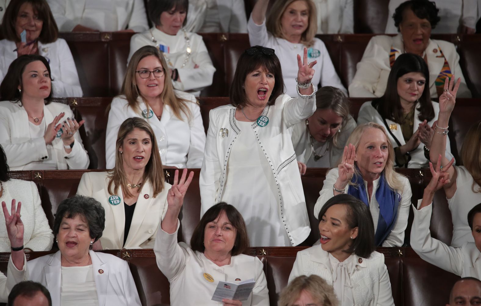 US Rep. Jackie Speier leads an "HR3" chant during the speech. Trump urged lawmakers to come up with legislation to lower prescription drug prices, and some Democrats <a href="https://www.cnn.com/politics/live-news/state-of-the-union-2020/h_47698669281ddf69326acef3ad9d1f80" target="_blank">responded with the chant.</a> HR3, now titled the Elijah E. Cummings Lower Drug Costs Now Act, would empower the health and human services secretary to negotiate annually for the best prices on at least 50 costly brand-name drugs and up to 250 medications, including insulin.