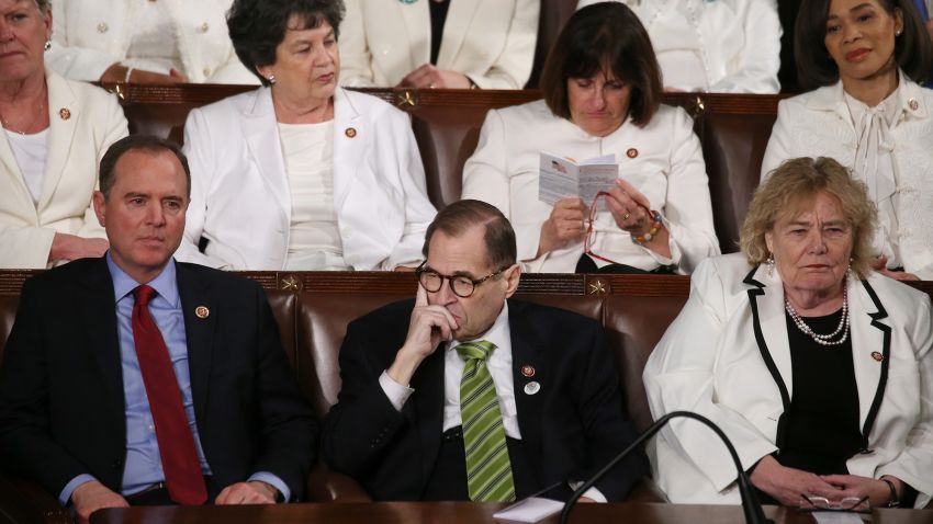WASHINGTON, DC - FEBRUARY 04: Rep. Adam Schiff (D-CA)  (L), Rep. Jerry Nadler (D-NY), and Rep. Zoe Lofgren (D-CA) attend the State of the Union address in the chamber of the U.S. House of Representatives on February 04, 2020 in Washington, DC.  President Trump delivers his third State of the Union to the nation the night before the U.S. Senate is set to vote in his impeachment trial.  (Photo by Mario Tama/Getty Images)