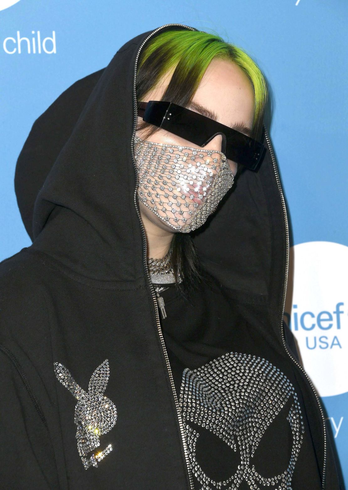 Billie Eilish wears a mask to the UNICEF Masquerade Ball in West Hollywood on October 26, 2019.